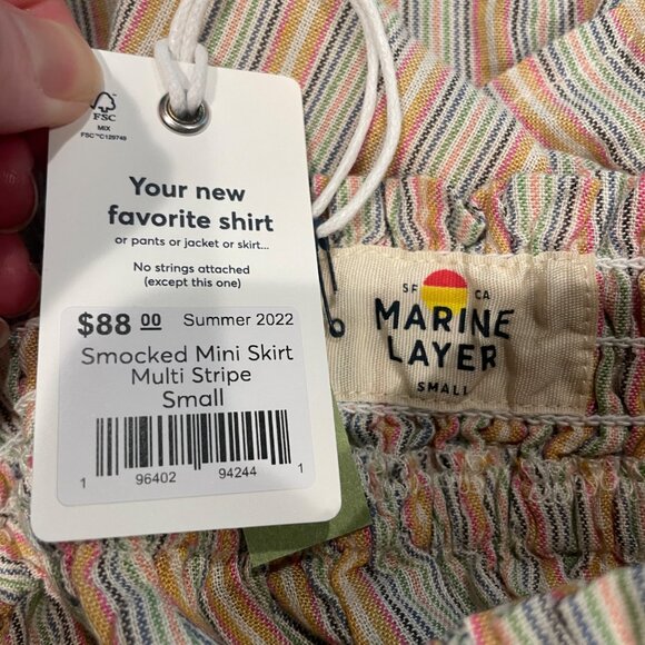 NWT Marine Layer Sz S Smocked Mini Skirt Multi Stripe Pull On Lyocell Linen - Picture 3 of 9